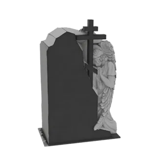 Modello 3D di una lapide scura con una scultura chiara di un angelo dolente e una croce ortodossa.