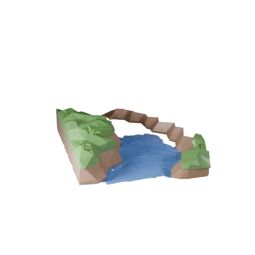 Modular River Segment Low Poly 3D model, game viewport three-quarter view, showing wet stone, water edges.