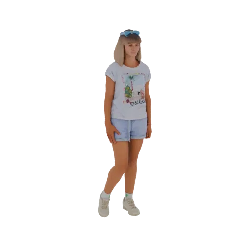 3D model of a young girl with blonde hair, wearing a t-shirt, shorts, and sneakers, with a blue headband.