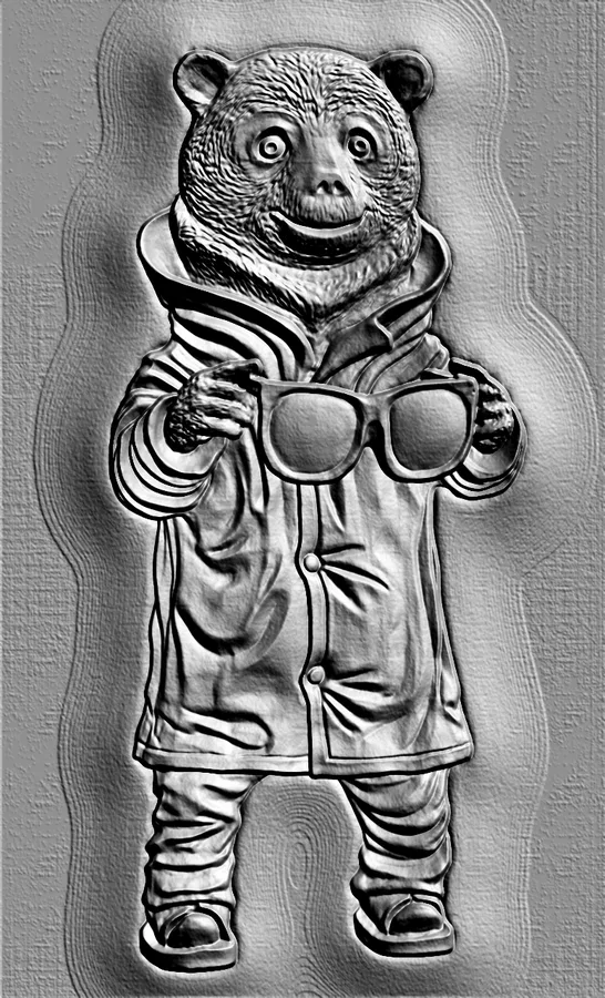 3D model bas-relief bear cub in raincoat holding large glasses