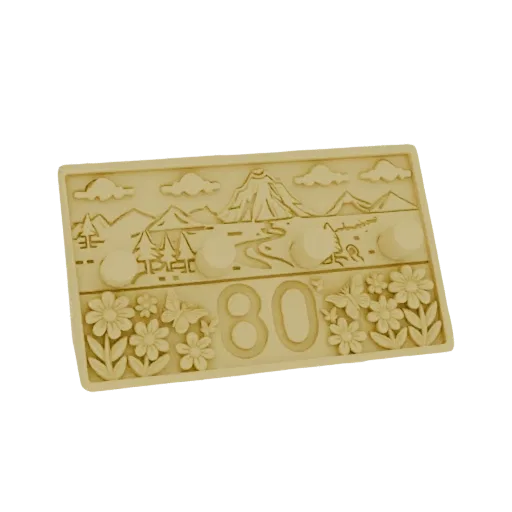 3D render of a golden relief plaque with a landscape, mountains, volcano, flowers, butterflies, and the number '80' for an 80
