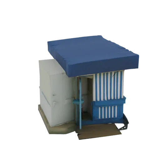 Modèle 3D de cabane de plage rayée bleue et blanche avec auvent bleu, vu sous un angle légèrement élevé.
