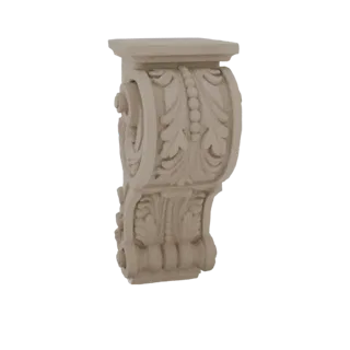 Modelo 3D detalhado de console com ornamentos de folha de acanto e contas, apresentado sobre fundo branco.