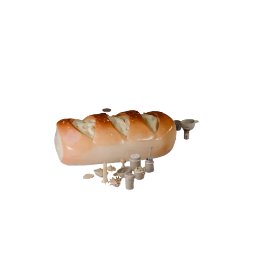 Bread Loaf Stylized 3D model, stylized isometric render, showing powders, small ingredient shapes.