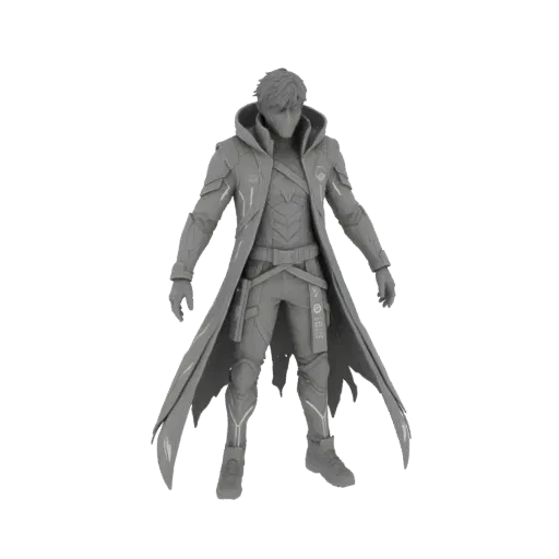 3D model of a cyberpunk assassin wearing a hooded trench coat and futuristic armor, standing in a neutral pose against a white background.