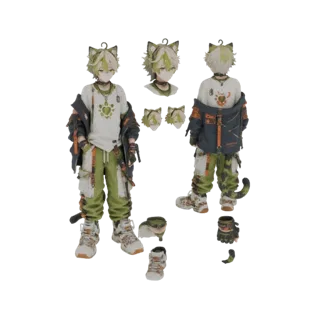 Modello 3D di un personaggio ragazzo gatto anime con capelli verdi, orecchie da gatto e un outfit streetwear, mostrato con pa