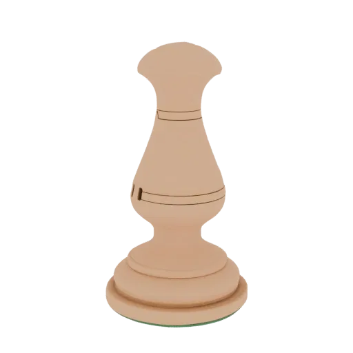 A 3D render of a single, light-colored wooden chess pawn with subtle engraved lines, set against a black background.