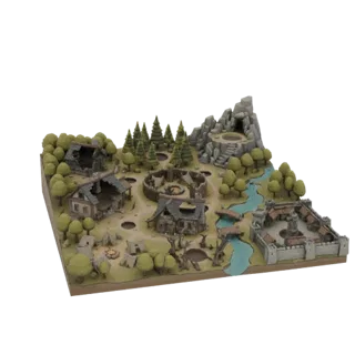 3D model of a fantasy village with ruined houses, a central fort, a cave, a river, and trees, set on a diorama base.