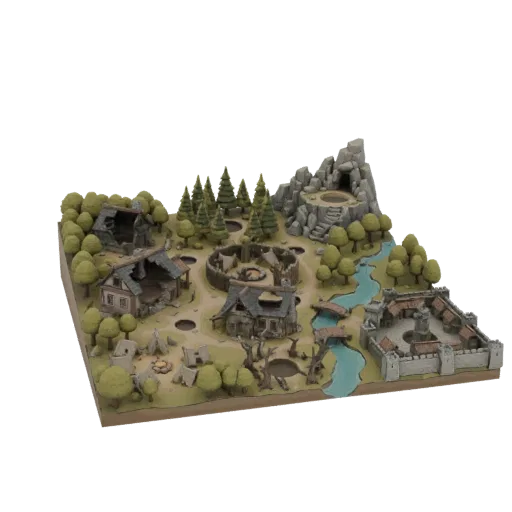 3D model of a fantasy village with ruined houses, a central fort, a cave, a river, and trees, set on a diorama base.