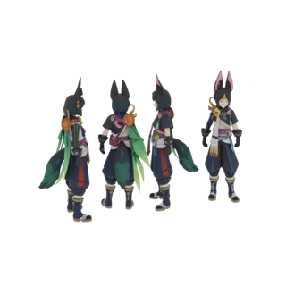 Modelo 3D del personaje Tighnari, mostrado desde múltiples ángulos, con su capa verde, orejas y cola de zorro.
