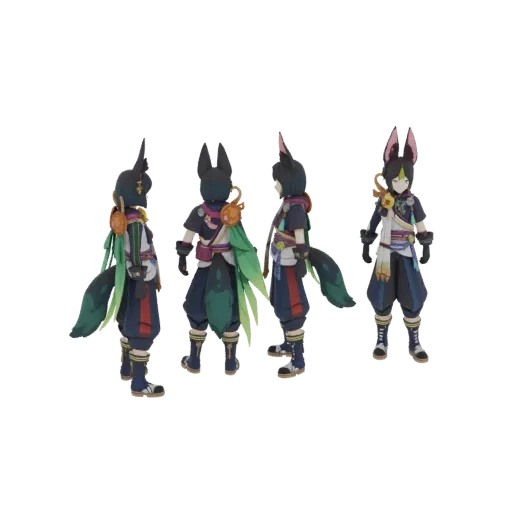 Modèle 3D du personnage Tighnari, montré sous plusieurs angles, avec sa cape verte, ses oreilles et sa queue de renard.