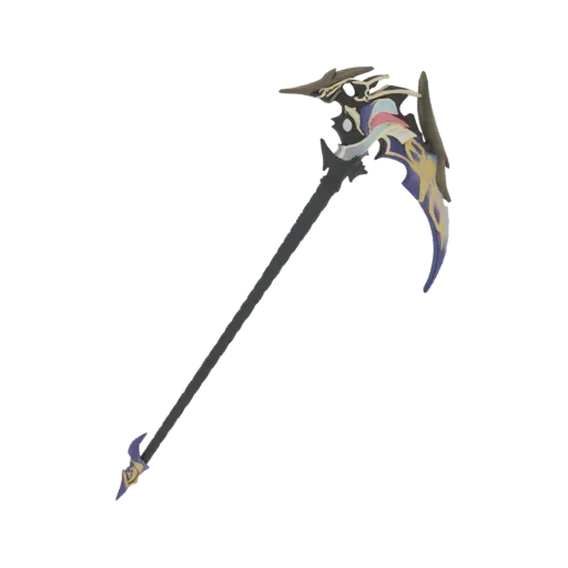3D model of a fantasy scythe with a golden, flame-shaped blade and a dark, dragon-head hilt, set against a white background.