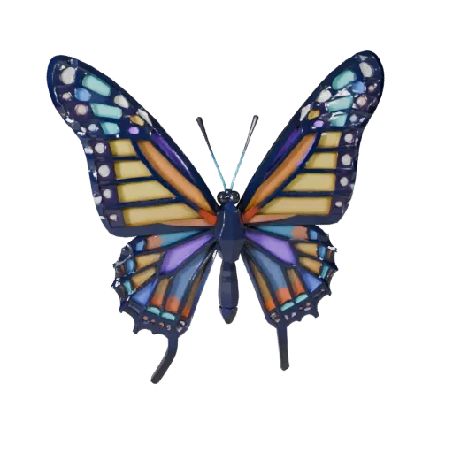 Modello 3D Farfalla Monarca Low Poly, rendering naturalistico di lato, asset animale stilizzato con parti del corpo segmentat