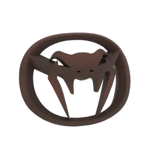 Un rendering 3D di un emblema a testa di vipera marrone con zanne scoperte, racchiuso in una cornice circolare, su sfondo bia