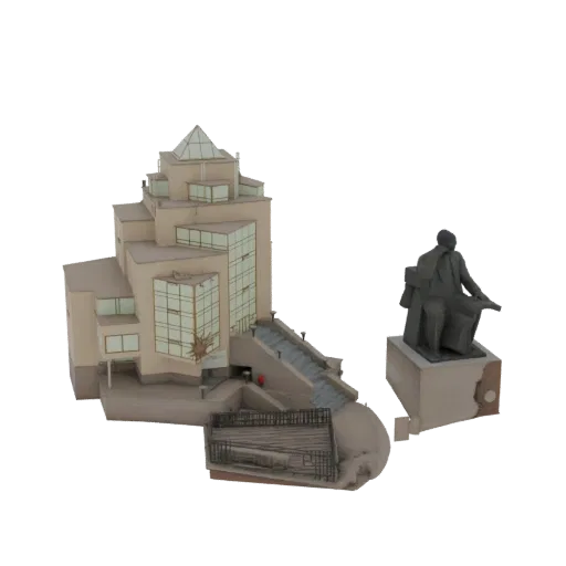 3D model of a modernist building with glass facades and a pyramidal roof, next to a seated statue of Lenin on a pedestal.