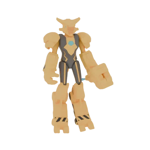 Modello 3D di un guerriero mech giallo con gemma blu sul petto e strisce di pericolo sulle gambe.