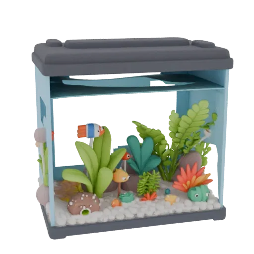 3D model of aquarium with fish figurines, plants, and decor
