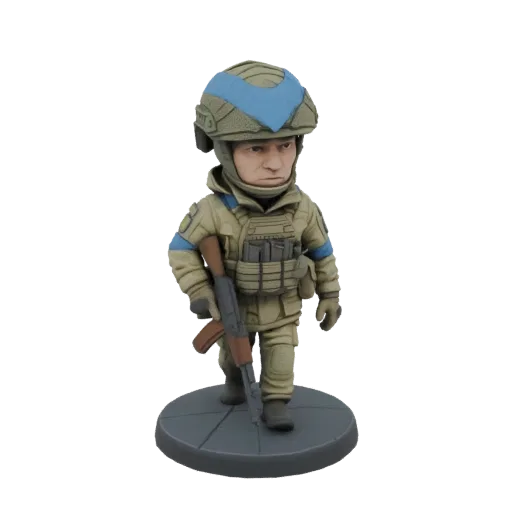 3D model of a Ukrainian soldier in a bobblehead style, wearing a helmet and tactical gear, holding a rifle, standing on a cir