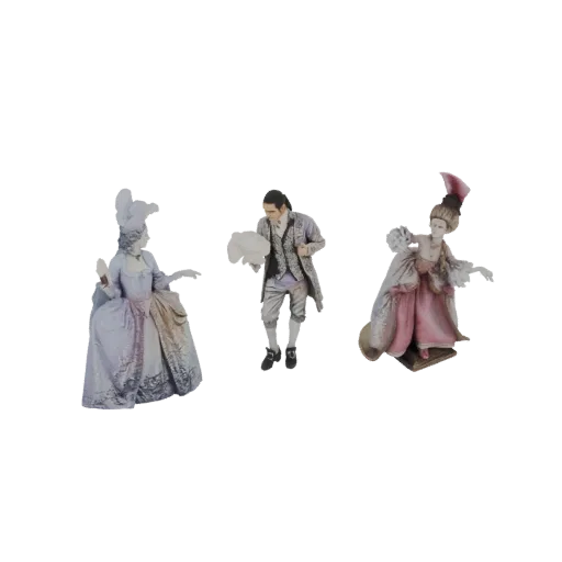 3D model of a Baroque couple in 18th-century attire, a man and a woman, both holding fans, against a white background.