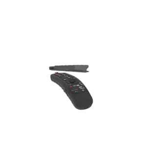 3D-Modell einer modernen schwarzen TV-Fernbedienung mit Scrollrad und verschiedenen Tasten, vor weißem Hintergrund.