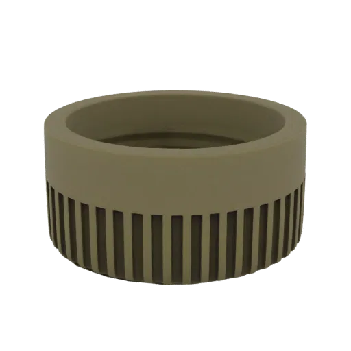 A 3D render of a tan-colored cylindrical container with vertical fluting around its base and a smooth top rim, isolated on a