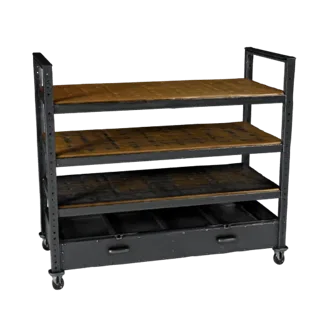 Industrial Parts Rack 3D model, side profile view, technical viewport render, showing steel frames, stable fixtures.