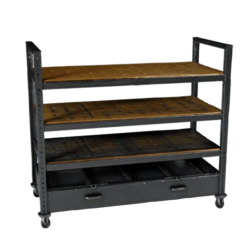 Industrial Parts Rack 3D model, side profile view, technical viewport render, showing steel frames, stable fixtures.