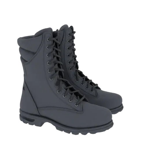 Modelo 3D de um par de botas táticas de combate cinza escuro com cadarços detalhados e solas resistentes, mostrado contra um