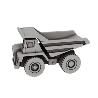 A 3D model render of a grey, heavy-duty dump truck with a large open bed and large tires, shown from a side profile against a