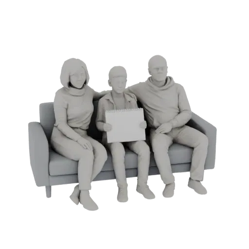 3D model of a family (father, mother, child) sitting on a grey sofa, with the child holding a white sketchpad.