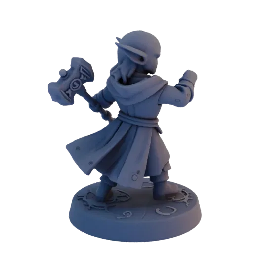 Figurine STL Dark Elf Prêtre Fantastique Attaque, rendu trois-quarts sur table, figurine de lanceur de sorts imprimable en ré