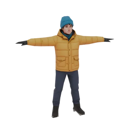 3D model of a young man wearing a yellow puffer jacket, blue beanie, and scarf, standing in a T-pose against a black backgrou