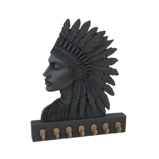 Modelo 3D de cabeça de mulher nativa americana com cocar de penas e base com sete ganchos