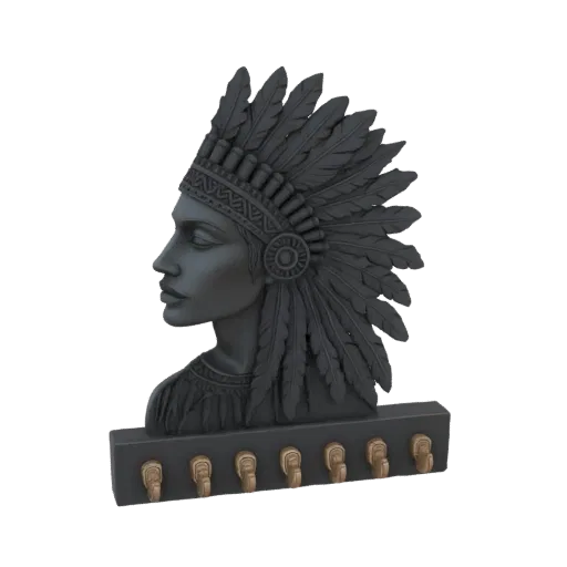 3D model of a Native American woman's head with a feather headdress and a base with seven hooks