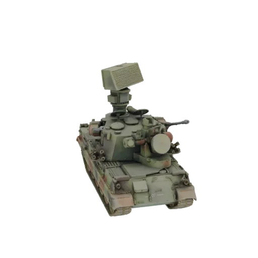 3D model of a German Gepard anti-aircraft vehicle with twin cannons and radar, shown from a front-three-quarter view.