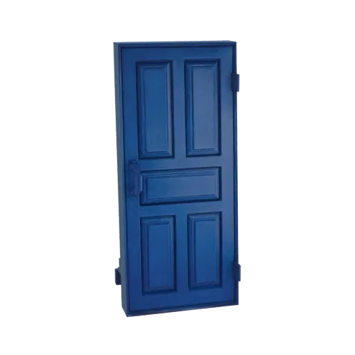 A 3D model of a classic blue paneled door with a visible handle and hinges, set against a white background.