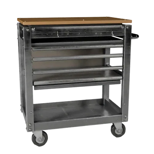 Garage Tool Cart Stylized 3D model, stylized isometric render, showing steel frames, stable fixtures.