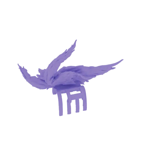 A 3D render of a purple fantasy winged creature with intricate wings, perched on a simple geometric base.