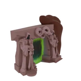Modèle 3D d'un portail en pierre avec deux statues gardiennes drapées et un vortex vert lumineux au centre.