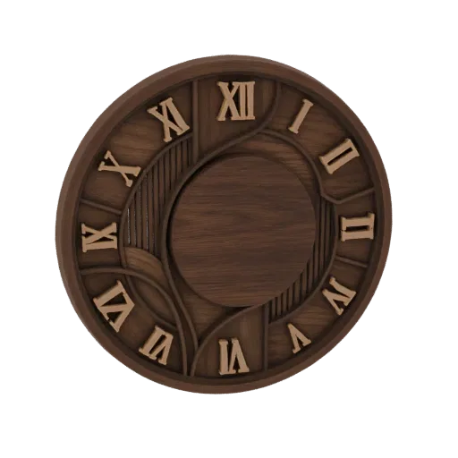 A 3D render of a dark wooden clock face with raised Roman numerals and decorative carved patterns, set against a white backgr