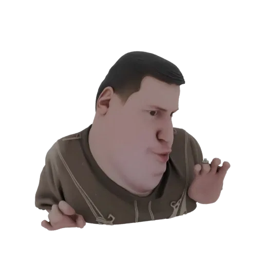 Modèle 3D d'un homme rond avec une chemise marron, regardant sur le côté avec une expression surprise et une main levée.