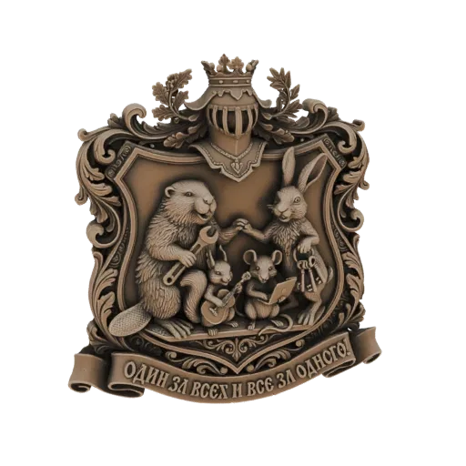 3D model of a detailed heraldic crest with a beaver, rabbit, mice, crown, and Russian motto banner.