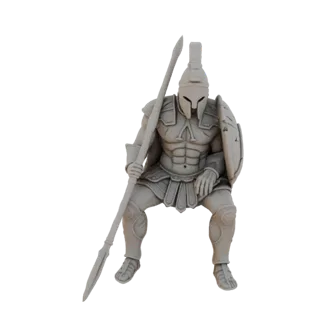 3D-Modell eines knienden spartanischen Kriegers mit Speer und Schild, detaillierter Rüstung und Helm.