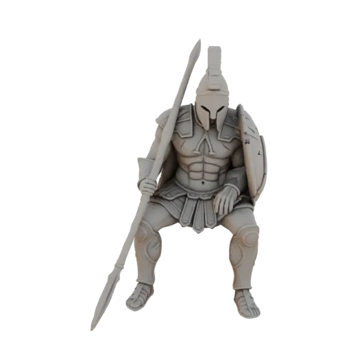 3D model of a Spartan warrior kneeling, holding a spear and shield, with detailed armor and helmet.