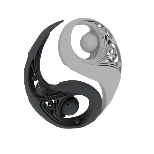 Ein 3D-Rendering eines verzierten Yin Yang Symbols mit filigranen Mustern und Kugelelementen, dargestellt in Dunkelgrau und H