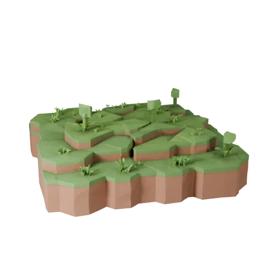 Modelo 3D Low Poly Bioma Floresta Encantada, vista em três quartos do viewport do jogo, mostrando camadas de terreno, detalhe