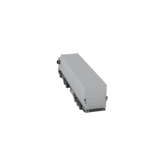 A 3D model of a white semi-trailer truck, viewed from a slightly elevated rear-side angle.