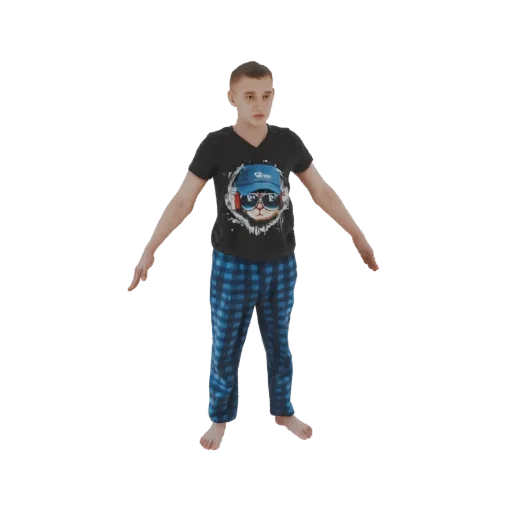 3D model of a young boy wearing a black t-shirt with a cat graphic and blue plaid pajama pants, standing with arms outstretch