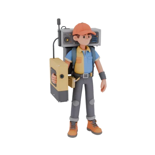 3D model electronics assembler in work clothes with backpack and portable equipment, cartoon style