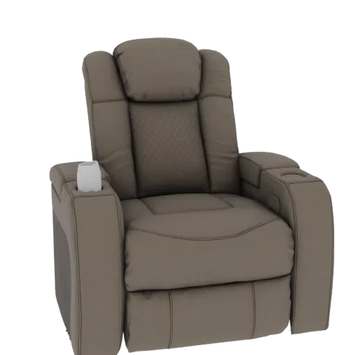 A 3D model of a modern taupe recliner chair with diamond-stitched backrest and cup holders on the armrests.